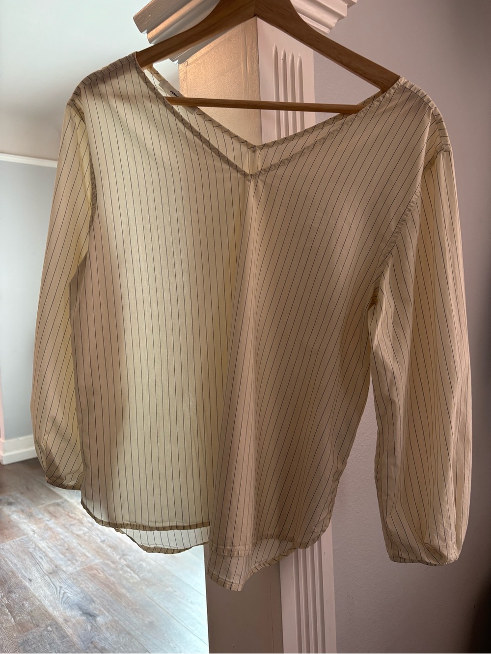 Japanese Cotton Sheer Pinstripe V-Neck Blouse 100% cotton in Cream - Picture 2 of 8